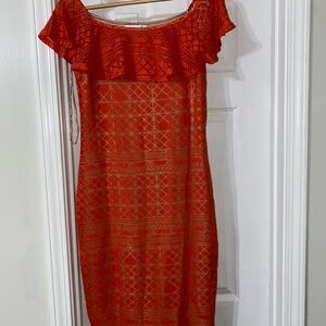 Off-Shoulder Red Midi Dress with Geometric Lace Overlay